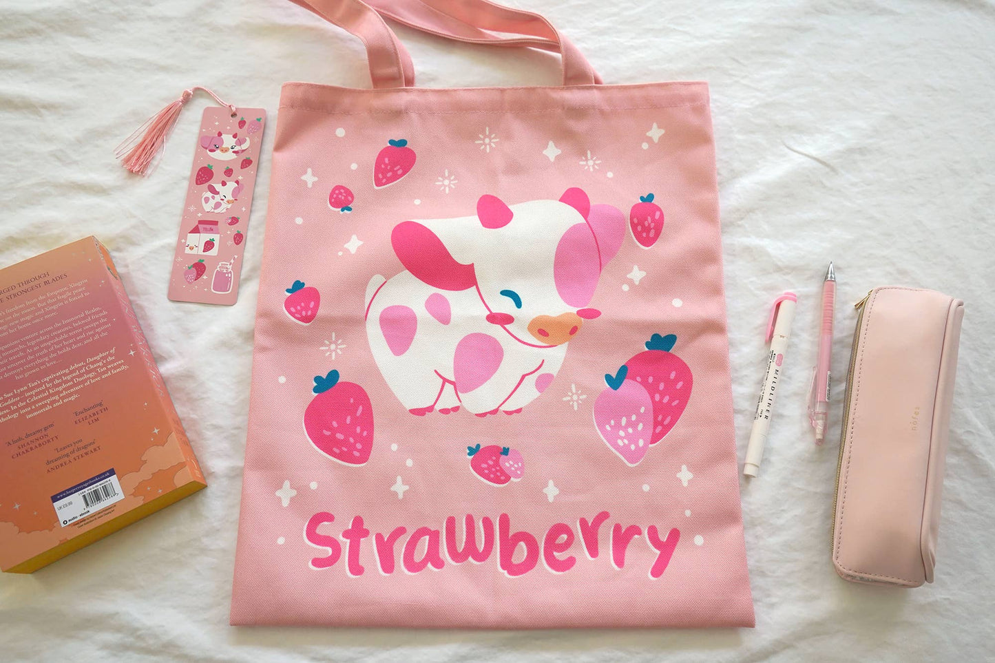 Strawberry Pink Cow Tote Bag