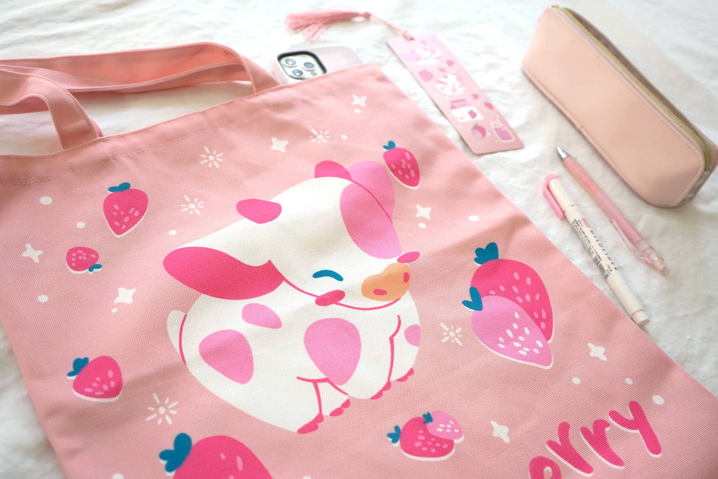 Strawberry Pink Cow Tote Bag