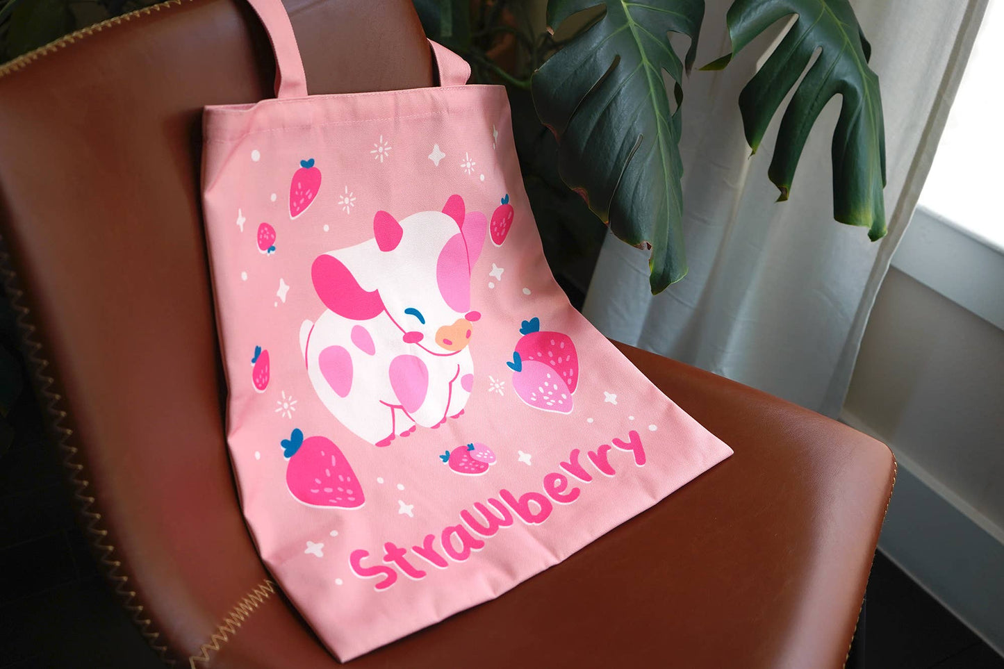 Strawberry Pink Cow Tote Bag