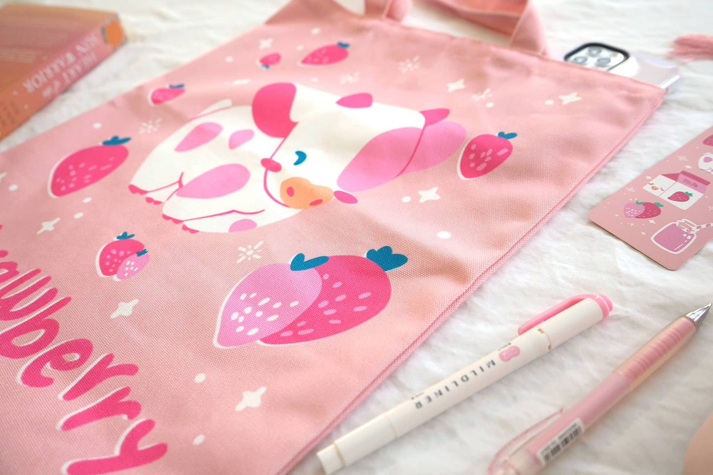 Strawberry Pink Cow Tote Bag