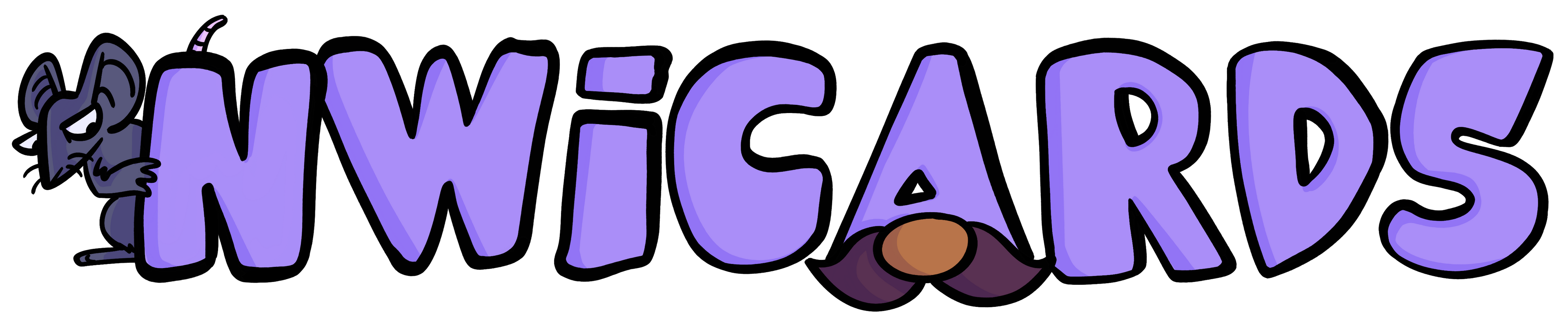 The logo for 'NWI cards' features stylized purple letters with black outlines and small cartoon illustrations of a gray mouse on the 'N' and a brown Gnome hat on the 'A', all set against a solid white background.