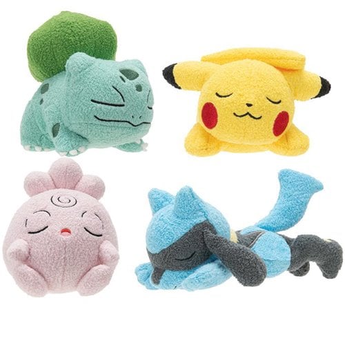Four plush toys of different Pokémon characters on a white background