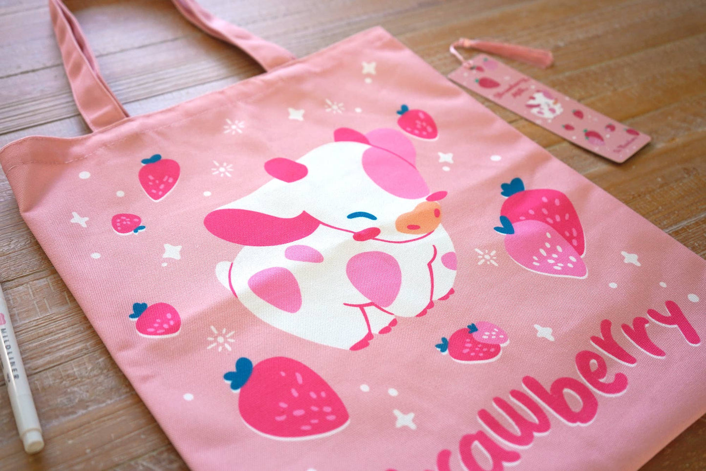 Strawberry Pink Cow Tote Bag