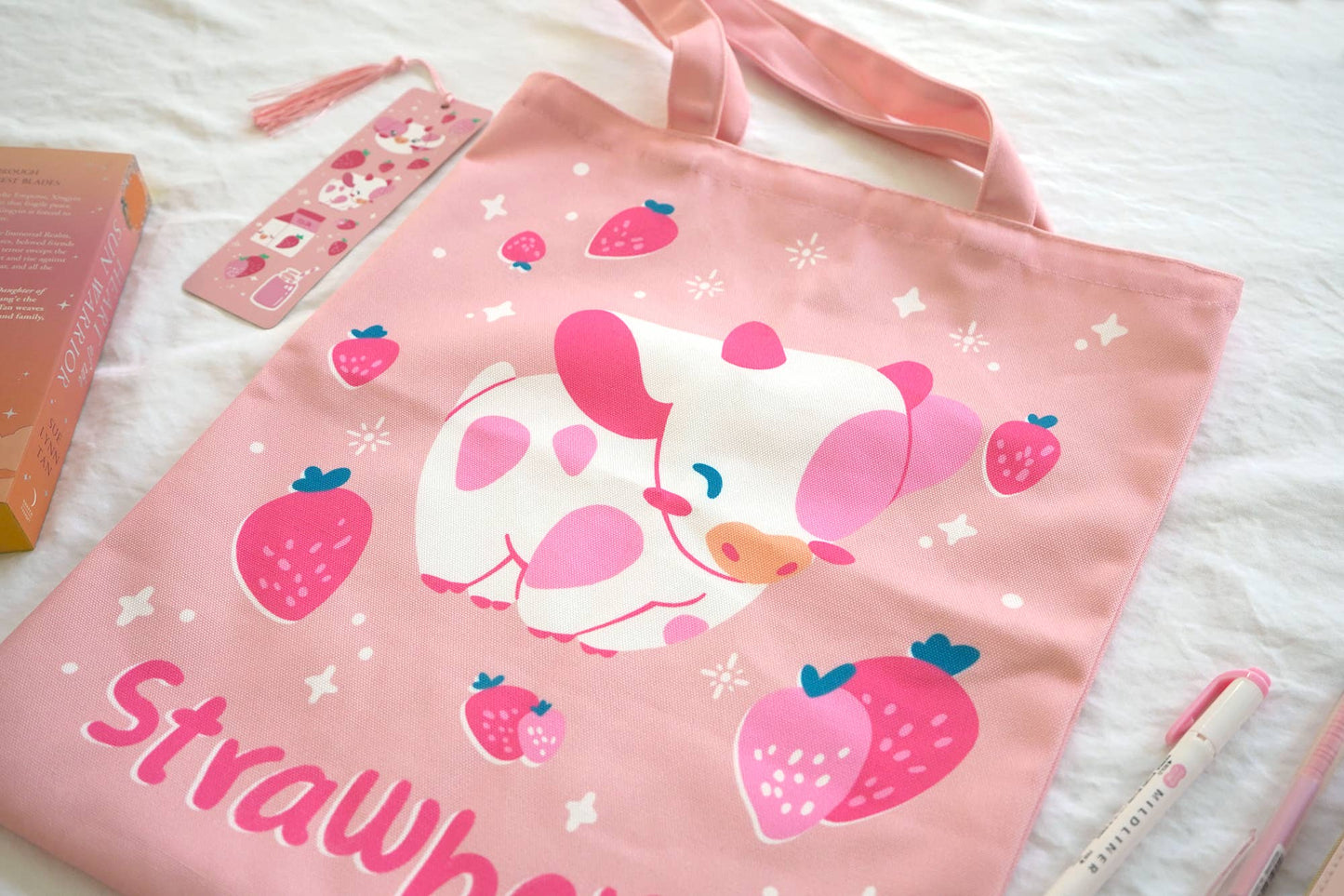 Strawberry Pink Cow Tote Bag